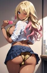 ai_generated ass big_breasts blonde_hair blush bulge cleavage condom condom_wrapper dark_skin dickgirl from_behind futa_only futanari gyaru gyaru-oh leopard_print long_hair looking_at_viewer looking_back makayai miniskirt multicolored_hair one_eye_closed open_clothes open_mouth original_character pink_hair school_uniform shemale smile wink