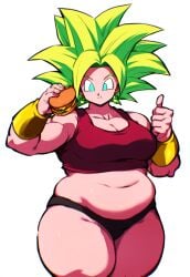 1girls ai_generated black_buruma black_underwear cheeseburger dragon_ball_super eating_food happy kefla kefla_(dragon_ball) large_breasts looking_at_viewer no_pants novelai obese_female overweight_female pantsu plump red_tank_top saiyan_girl smiling someraindropsonroses_(artist) super_saiyan thumbs_up underwear_only