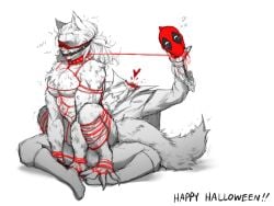 2boys ascot baimonbluewhale blood blush bondage deadpool gag gay hairy_male halloween_costume happy_halloween heart implied_sex logan_(x-men) male_only marvel marvel_comics monochrome muscular_male nipples pectorals red_string severed_head vampire wade_wilson werewolf wolf_ears wolf_tail wolverine_(x-men) x-men yaoi