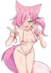 1girls bikini breath cameltoe condom condom_on_head female female_focus fox_ears fox_girl fox_tail green_eyes hair_in_mouth hair_over_one_eye highres holding_condom looking_at_viewer micro_bikini navel petite petite_body petite_female pink_hair pubic_hair seika smile sweatdrop sweaty thighs voluptuous voluptuous_female wet_pussy wet_skin white_skin wide_hips