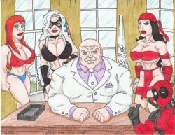 2boys 3girls alternate_costume black_cat_(marvel) black_hair blonde_hair bodysuit breasts crash2014 deadpool elektra_natchios felicia_hardy marvel marvel_comics mary_jane_watson mind_control president red_hair submissive_female swimsuit tagme white_hair wilson_fisk