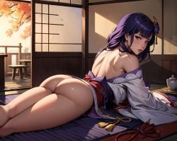 ai_generated ass bubble_butt female genshin_impact japanese_clothes kimono light-skinned_female looking_at_viewer looking_back purple_eyes purple_hair raiden_shogun solo vitoryt