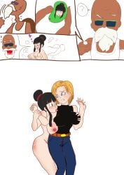 1boy 2girls android_18 blonde_hair breasts chi-chi_(dragon_ball) dragon_ball dragon_ball_z female_pervert hair_ornament large_breasts long_hair muten_roushi nipples nude pervert sex_invitation sexually_suggestive short_hair