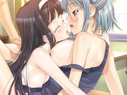 2girls blush breasts byakudan_midori female game_cg glasses himenohara_suzuran indoors kanojo_x_kanojo_x_kanojo kissing large_breasts lying multiple_girls nipples saliva school swimsuit tongue yuri