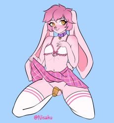 anthro atticus_mura atty_(atty) bottomwear bra chastity_belt chastity_cage chastity_device clothing collar demonstration femboy genitals hair hi_res lagomorph legwear leporid long_ears male mammal nisaku penis pink_body pink_hair rabbit skirt solo stockings underwear yellow_eyes