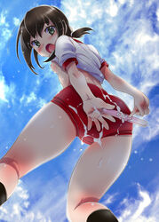 arms_behind_back black_hair blush breasts clothing cloud female from_behind from_below fubuki_(kantai_collection) green_eyes gym_uniform kanoe kantai_collection long_hair looking_at_viewer looking_down nipples no_bra open_mouth pointing ponytail pregnancy_test shirt_lift sky small_breasts solo tied_hair