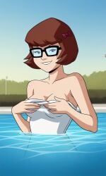 ai_generated ass bigmic145 bikini breasts cartoon_network glasses one-piece_swimsuit red_hair scooby-doo scooby-doo!_mystery_incorporated stripping swimming_pool swimsuit velma_dinkley velma_dinkley_(mystery_incorporated)