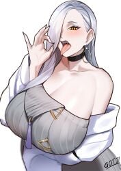 1girls blush breasts fangs fate/grand_order fate_(series) fellatio_gesture female gojich1 hebinyobo(fate_grand_order) huge_breasts long_fingernails looking_at_viewer omi-san_(fate) open_mouth tongue_out