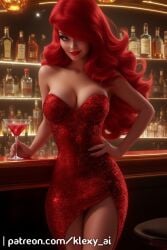 1girls alcohol bar_(place) bare_shoulders bottle breasts cleavage clothing cocktail_dress cup dress drinking_glass earrings elbow_gloves eyeshadow female female_only footwear gloves green_eyes hair_over_one_eye hand_on_hip high_heels indoors jessica_rabbit jewelry klexyai large_breasts legs lips lipstick long_hair looking_at_viewer makeup petals purple_gloves red_dress red_hair red_lips shoes side_slit solo solo_female standing stool strapless strapless_dress thick_thighs thighs white_gloves who_framed_roger_rabbit wine_glass