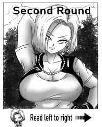 android_18 breasts dragon_ball dragon_ball_z earrings female female_pervert large_breasts nipples pervert sex_invitation sexually_suggestive short_hair smile solo