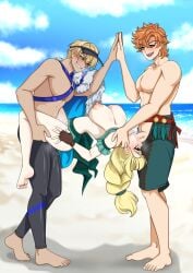 1girls 2boys 2boys1girl alternate_costume beach blonde_hair blowjob blue_eyes blush braid braided_hair braided_ponytail breasts breasts_out dimitri_alexandre_blaiddyd dimitri_alexandre_blaiddyd_(summer) double_penetration eiffel_tower eiffel_tower_position fellatio female female_penetrated fire_emblem fire_emblem:_three_houses fire_emblem_heroes full_color green_eyes grin high_five ingrid_brandl_galatea ingrid_brandl_galatea_(summer) intelligent_systems male male/female male_penetrating male_penetrating_female mmf_threesome nintendo official_alternate_costume oral orange_eyes orange_hair outdoors sex smile spitroast swimming_trunks swimsuit swimwear the_dark_mangaka third_party_edit topless topless_male wetsuit