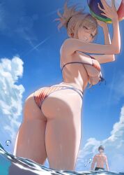 ass ass_focus bare_arms bare_legs bare_shoulders bare_thighs beach_ball big_breasts bikini blue_eyes blush breasts earrings fate/samurai_remnant fate_(series) miyamoto_iori_(fate) miyamoto_musashi_(fate) miyamoto_musashi_(swimsuit_berserker) mugetsu2501 ocean official_art outdoors parted_lips partially_submerged pink_hair ponytail print_bikini sideboob smile thighs tied_hair underboob water