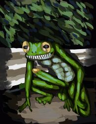 absurd_res amphibian anthro creepy_smile cryptid frog hi_res loveland_frog male moonringred slim smile solo