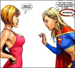 2girls blonde_female blonde_hair brad_anderson breast_implants breasts cape cleavage clothed clothed_female clothing comic crop_top dc dc_comics dialogue duo english_text female fully_clothed gary_frank humor implants jon_sibal looking_at_another looking_at_breasts multiple_girls official_art offscreen_character short_hair short_hair_female speech_bubble supergirl superheroine superman_(series) superpowers text white_background x-ray_vision