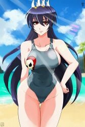 1female 1girls beach big_breasts bikini filia_(skullgirls) fit_female noize.exe skullgirls swimsuit thick_thighs