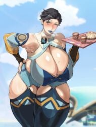 1girls absurd_res blue_eyes blue_eyeshadow blue_lipstick blush breasts character_request cleavage curvy curvy_figure deep_cleavage eyeshadow female female_only genshin_impact hand_on_hip hi_res huge_breasts lipstick looking_at_viewer looking_down_at_viewer lulu95402099 mature_female serving_tray short_hair stockings thick_thighs thighhighs wide_hips