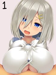 1boy 1girls asamura_hiori bimbo blue_eyes blush breasts busty cleavage female gloves hair_ornament hamakaze_(kantai_collection) huge_breasts human kantai_collection male paizuri paizuri_under_clothes short_hair silver_hair straight voluptuous