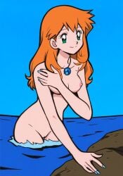 4kids_entertainment aged_up ai_generated alternate_hairstyle anipoke arm_covers_breast colored_nails female_only ginger_hair green_eyes hair kasumi_(pokemon) long necklace nipples normal_breasts novelai nude pokemon_(classic_anime) rock self_upload smile solo solo_female standing tagme water