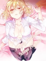 1girls bed_sheet black_pants blonde_hair breasts brown_hair bungo_stray_dogs character_name female female_only happy_birthday higuchi_ichiyou_(bungo_stray_dogs) lying masahiro_eto medium_breasts navel no_bra on_back on_bed open_clothes open_shirt panties pants pants_down parted_lips shirt short_hair solo solo_female unbuttoned unbuttoned_shirt white_shirt