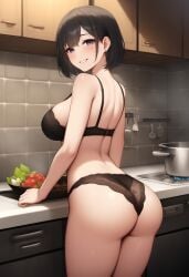 ai_generated black_bra black_hair black_panties kitchen lingerie short_hair