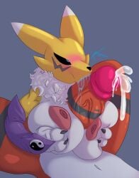 bandai_namco big_breasts bodily_fluids breast_grab breast_play breasts cum digimon digimon_(species) duo ejaculation female flexible genital_fluids guilmon hand_on_breast hi_res humanoid kimerax male male/female nipples paizuri renamon sex splits spread_legs spreading titfuck titjob