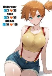 ai_generated aqua_eyes arm_support asymmetrical_hair bangs bare_shoulders blue_shorts blush breasts clavicle clothing crop_top denim denim_shorts english_language english_text female female_only gen_1_pokemon green_eyes gym_leader hair_tie high_resolution kasumi_(pokemon) large_breasts legs looking_at_viewer midriff navel orange_hair parted_lips pokemon pokemon_character pokemon_species ponytail shirt short_hair short_shorts shorts side_ponytail sleeveless solo suspender_shorts suspenders tank_top text thick_thighs thigh_gap thighs tied_hair yellow_shirt yellow_tank_top