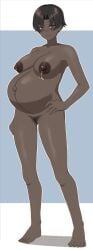 1girls breasts dark-skinned_female dark_skin disproportional earrings female hand_on_hip hyper_belly lactation linea_nigra nipples nowheresoul outie_navel pregnant pubic_hair pussy short_hair solo