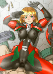 1boy absurdres arikawa blonde_hair blush bodysuit breasts bullet bullets capcom censored clothed_sex erect_nipples female forced_in_fabric green_eyes gun hair headgear helmet lying missionary omokane_saki penetration quiz_nanairo_dreams salute sex short_hair skin_tight spread_legs sweat through_clothes vaginal_penetration weapon