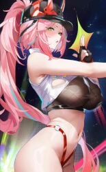 1girls armpits bare_hips bare_shoulders belly belly_button big_breasts blue_hair crop_top curves fantongjun green_eyes high_pants hips hips_cutout honkai:_star_rail honkai_(series) hourglass_figure hoyoverse long_hair long_pants looking_at_viewer midriff midriff_baring_shirt midriff_showing midriff_top mihoyo navel navel_cutout navel_fetish navel_line oni oni_female oni_horns pink_hair ponytail rappa_(honkai:_star_rail) shiny_skin showing_armpits showing_belly showing_off skindentation slim_girl slim_waist sweat sweating waist waist_chain waiting_for_sex wide_hips