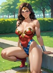 ai_generated anime anime_style brown_hair dc_comics park peeing wonder_woman wonder_woman_(series)