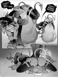 after_vore anthro ass belly big_belly bodily_fluids comic dialogue digestion duo female helluva_boss hi_res male male/female millie_(helluva_boss) moxxie_(helluva_boss) oral_vore same_size_vore speech_bubble stomach_bulge sweat vore voremaxx