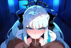 1boy 1girls ai_generated blue_eyes fate/grand_order fate_(series) fellatio female female_focus looking_at_viewer mature_female morgan_le_fay_(fate) white_hair