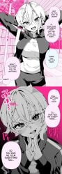 1girls a_boyish_girlfriend_in_high_humidity blush breasts clothed dialogue english_text fangs female_focus manga open_mouth original original_character ouchi_kaeru pink_background short_hair solo solo_female sweat tomboy translated