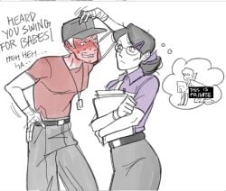 2girls blush clothed doggy_style female/female flirting meme miss_pauling scout_(team_fortress_2) sweat team_fortress_2 text thought_bubble xobloodletter yuri