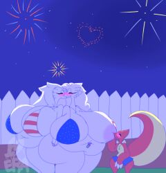 2024 4th_of_july anthro belly belly_piercing big_breasts big_momma_era_(erauue) bikini blush bottomwear breast_play breast_suck breasts charmeleon clothed clothing dorian_(bds_charmeleon) erauue eyewear female female/female fence fireworks generation_1_pokemon generation_5_pokemon glasses group hand_on_breast happy holidays jewelry kissing legendary_pokemon male male/female necklace night nintendo nipples partially_clothed pokemon pokemon_(species) remadi reshiram shorts sitting slightly_chubby slightly_chubby_female sucking swimwear thick_thighs trio two-piece_swimsuit watermark wide_hips