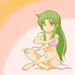 1girls bathing breasts cute female female_only foam ganbare_goemon green_eyes green_hair konami light-skinned_female light_skin long_hair naked naked_female non-sexual nonsexual_nudity nude nude_female soap solo_female washing wholesome yae_(ganbare_goemon)