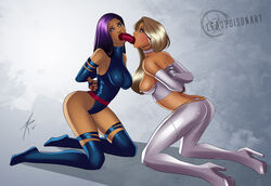 2015 2girls arms_behind_back asian asian_female betsy_braddock big_breasts blonde_hair blue_eyes bondage boots bound breasts choker clothes clothing dildo double_dildo elizabeth_braddock emma_frost female female_only femsub gloves heroineaddict kneeling large_breasts leotard long_hair marvel marvel_comics multiple_girls multiple_subs panties psylocke purple_hair shared_object_insertion straight_hair superheroine supervillainess swimsuit thighhighs thong whale_tail white_queen x-men yuri