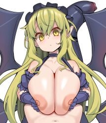 1boy big_breasts breasts breasts_squeezed_together commentary_request dragon_tail dragon_wings female gloves green_hair highres karatakewari large_breasts maid_headdress maidcubus_(mon-musu_quest!) maidcubus_(monster_girl_quest) mei_(mon-musu_quest!) mei_(monster_girl_quest) mon-musu_quest! monster_girl_quest purple_gloves serious simple_background tail white_background wings yellow_eyes