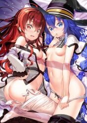 ahoge ass ass_visible_through_thighs bare_belly bed bed_sheet belly_button blue_eyes blue_hair blush breasts eris_greyrat feet fujima_takuya hat hip_bones long_hair lying medium_breasts mushoku_tensei no_bra on_side open_shirt panties panties_down panty_pull parted_lips red_eyes red_hair roxy_migurdia small_breasts thighs twin_braids underwear witch_hat