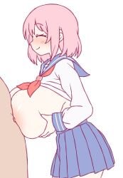 1boy alternate_breast_size alternate_costume ascot blue_sailor_collar blue_skirt blush breasts breasts_bigger_than_head closed_eyes closed_mouth female from_side grabbing_own_breast huge_breasts long_sleeves massive_breasts nipples onkn_sxkn paizuri pink_hair pleated_skirt red_ascot sailor_collar school_uniform serafuku short_hair simple_background skirt smile solo_focus touhou white_background white_serafuku yuyuko_saigyouji