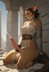 1futa ai_generated anthro cat_ears cat_tail clothing cum cum_on_body cumming dalan063 furry futanari masturbation rey star_wars transformation