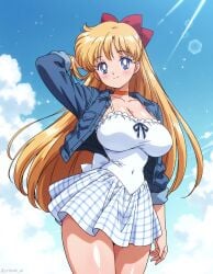 ai_generated alternate_breast_size big_breasts bishoujo_senshi_sailor_moon blonde_hair blue_jacket bow breasts civilian_clothes clothing denim_jacket large_breasts minako_aino navel_visible_through_clothes one_hand_behind_head red_hair_bow sailor_venus skirt steak_ai sundress