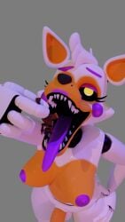 3d anal anthro bright_colors five_nights_at_freddy's futanari giantess gray_background hat lolbit_(fnaf) macro_futa orange_fur purple_fur rockstar_freddy tongue_out vore yellow_eyes