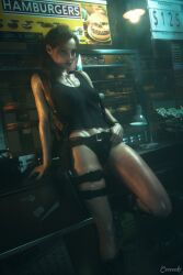 1girls 2024 3d biohazard black_clothing black_tank_top blue_eyes boots casual ceeeeekc claire_redfield claire_redfield_(jordan_mcewen) combat_boots detailed_background erect_nipples erect_nipples_under_clothes female female_abs female_only fit fit_female foot_against_wall gas_station hand_on_belt hand_on_gun in-universe_location leaning_against_counter long_hair looking_at_viewer medium_breasts neklace nipple_bulge oiled oiled_skin one_leg_up panties pantsless pantsless_female pokies ponytail posing resident_evil resident_evil_2 resident_evil_2_remake shoulder_holster signage skindentation smiling solo tank_top thigh_holster thigh_skindentation thong_panties tied_hair toned_abs