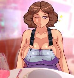 big_breasts brown_hair chubby fluffy_hair haru_okumura karfound no_bra no_shirt overalls persona persona_5 pink_eyes