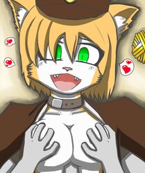 1boy 1girls anthro battleblock_theater breast_grab breasts cat_ears catgirl color datfurrydude female furry furry_only green_eyes guard hair hands_on_breasts happy hat headgear heart looking_at_viewer nipple open_mouth paizuri smile teeth yarn yellow_fur yellow_hair