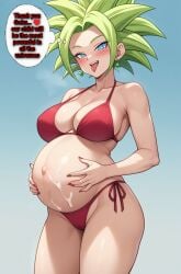 ai_generated athletic_female belly belly_button big_belly big_breasts bikini blue_eyes booty breasts cum cum_on_belly dragon_ball dragon_ball_super dragon_ball_z earrings female female_only green_hair hands_on_belly kefla legs nail_polish nails potara_earrings pregnant pregnant_belly pregnant_female son_goku spiky_hair super_saiyan super_saiyan_2 text tongue tongue_out