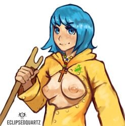 bad_anatomy big_breasts blue_eyes blue_hair eclipsedquartz luce_(vatican) nipples open_clothes prayer_beads raincoat short_hair yellow_clothing yellow_raincoat