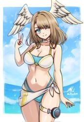 1girls background bikini breast_tattoo breasts eunie_(xenoblade) female female_only nintendo one_eye_closed rotomdocs solo swimsuit tattoo tomboy v_sign wink winking_at_viewer xenoblade_(series) xenoblade_chronicles_3