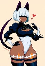 ai_generated blindfold catgirl cosplay crossover_cosplay dark-skinned_female female_focus heart nadia_fortune nier:_automata novelai skullgirls solo yorha_2b